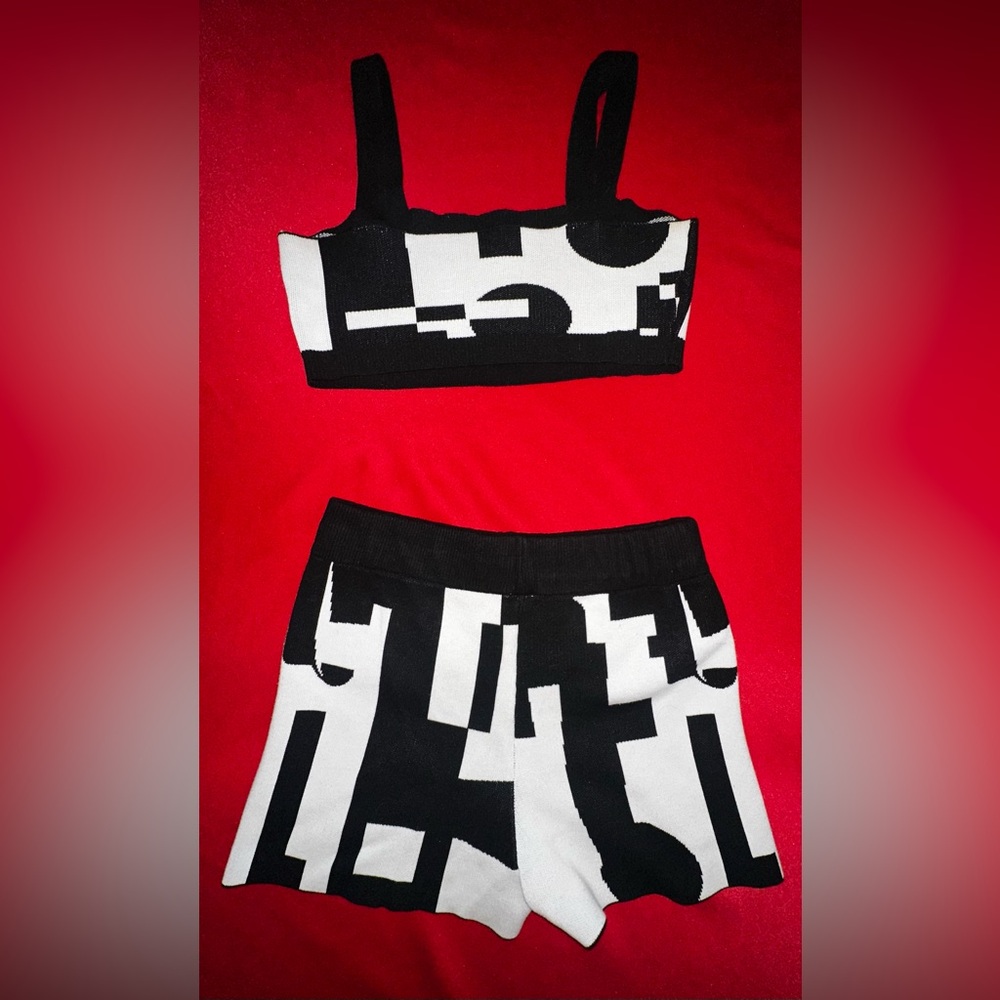 Monochrome Geometric Knit Crop Tank Top & Shorts Set